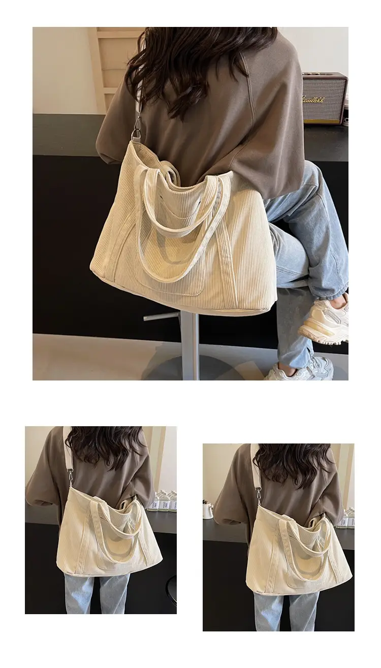 Black Corduroy Women's Shoulder Crossbody Tote Bag — feature 10