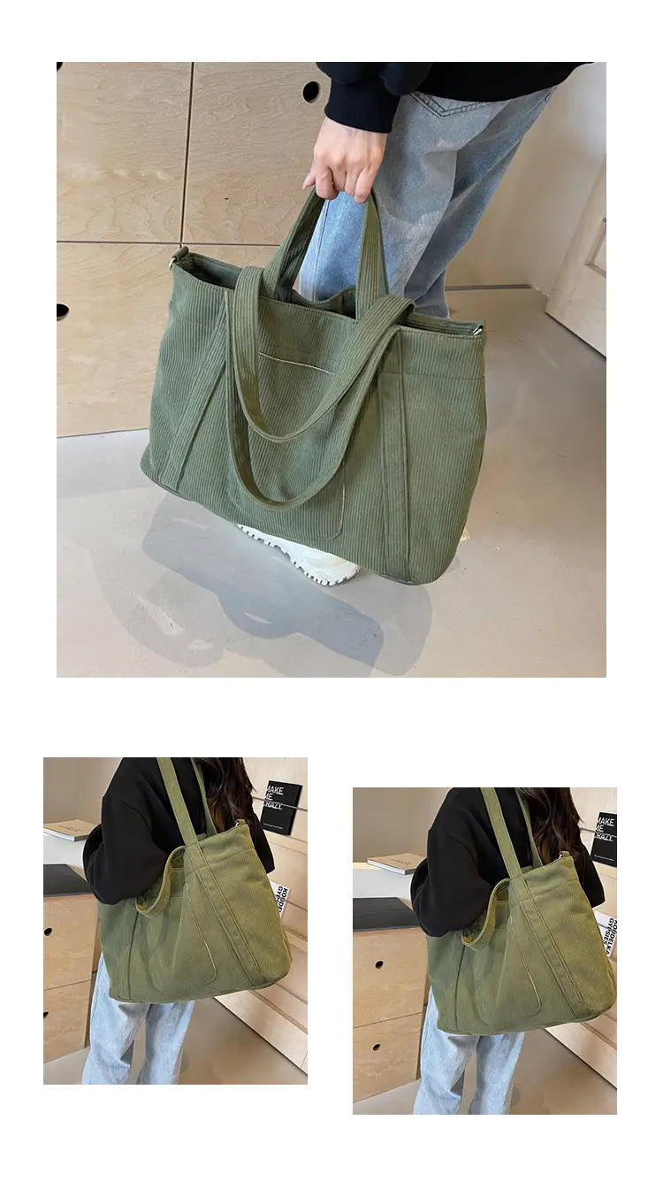 Black Corduroy Women's Shoulder Crossbody Tote Bag — feature 11