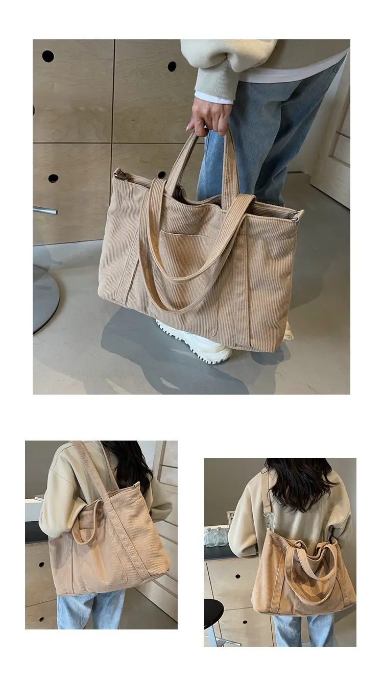 Black Corduroy Women's Shoulder Crossbody Tote Bag — feature 12