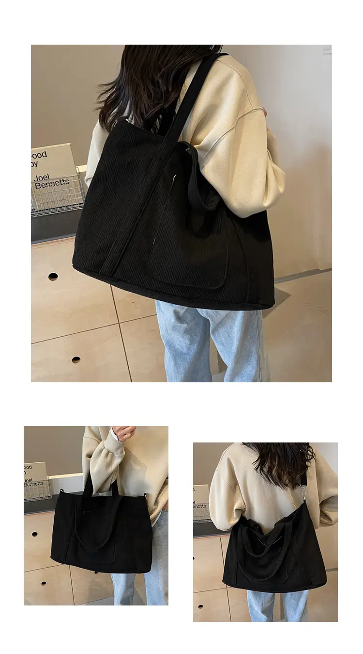 Black Corduroy Women's Shoulder Crossbody Tote Bag — feature 13