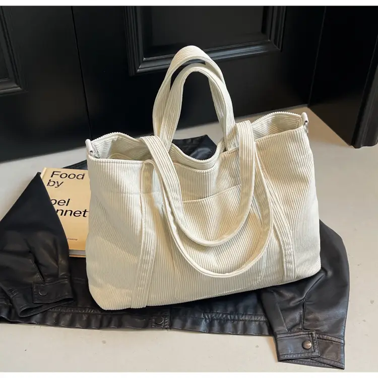 Black Corduroy Women's Shoulder Crossbody Tote Bag — feature 15
