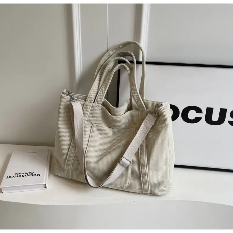 Black Corduroy Women's Shoulder Crossbody Tote Bag — feature 17