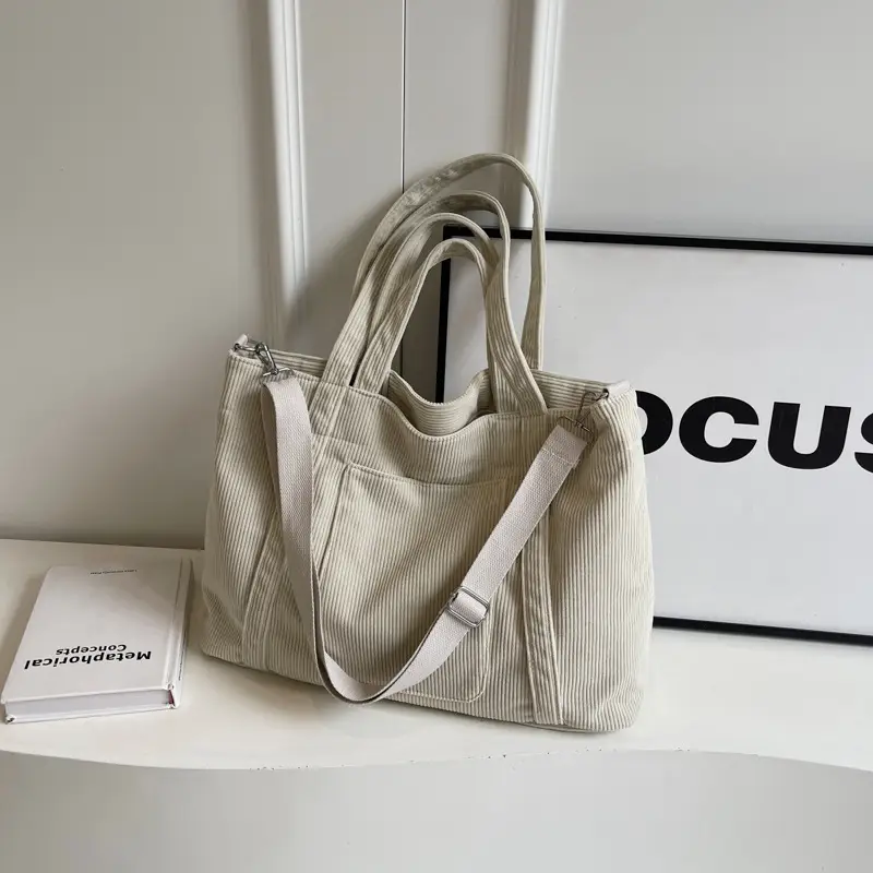 Black Corduroy Women's Shoulder Crossbody Tote Bag - Image 2