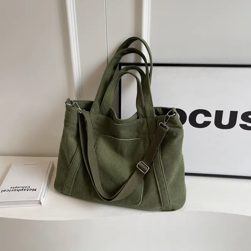 Black Corduroy Women's Shoulder Crossbody Tote Bag - Image 3