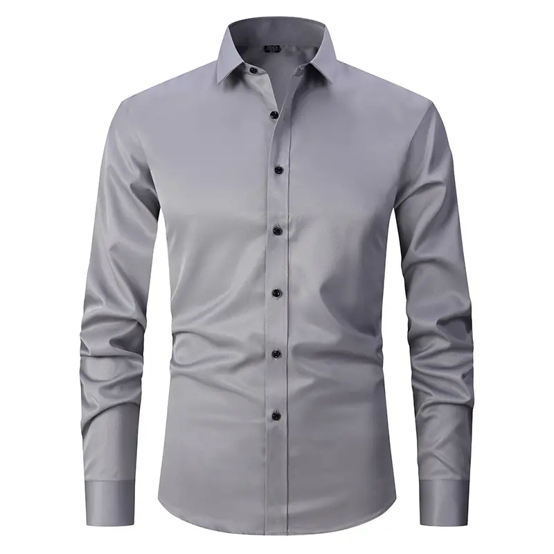 Men Long Sleeve Button Down Business Shirt Light Lavender - Image 13