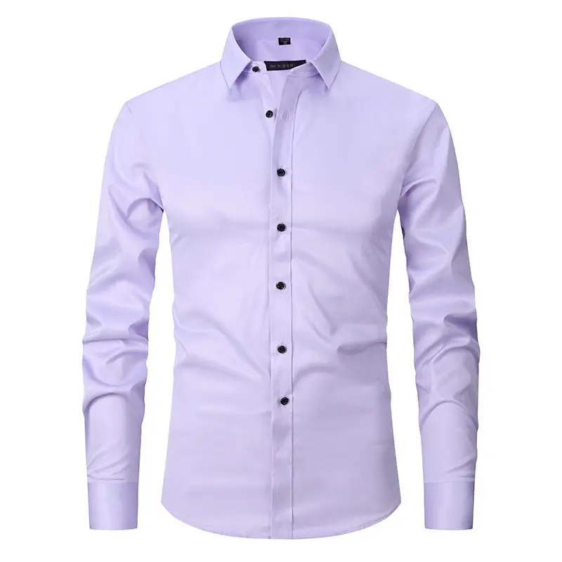 Men Long Sleeve Button Down Business Shirt Light Lavender - Image 4