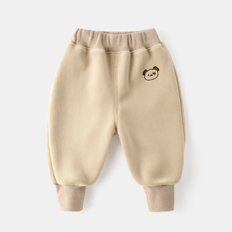 Dudu Children's Beige Fleece Pants with Bear Embroidery