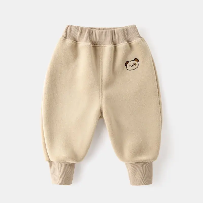 Dudu Children's Beige Fleece Pants with Bear Embroidery