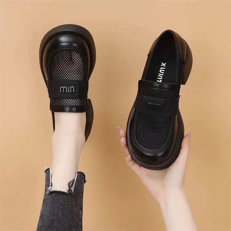 British Style Hollow Loafers Women Black Square Heel Slip-on