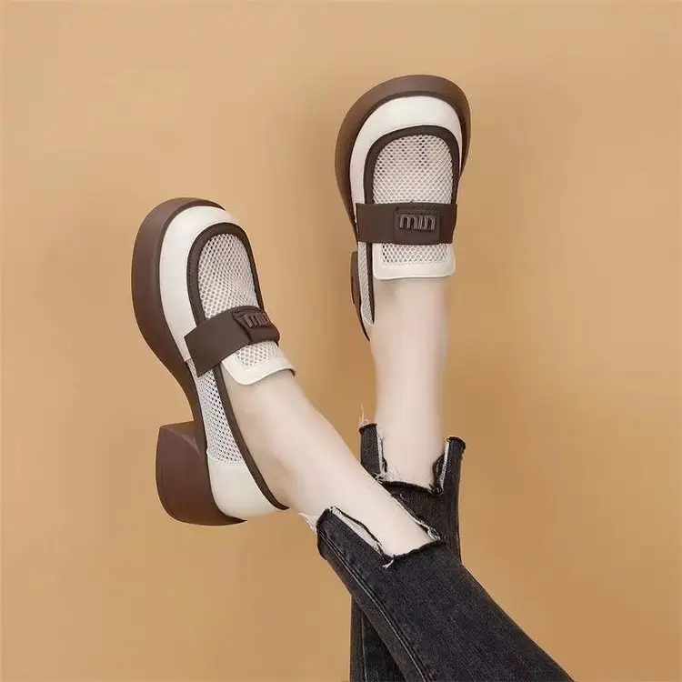 British Style Hollow Loafers Women Black Square Heel Slip-on