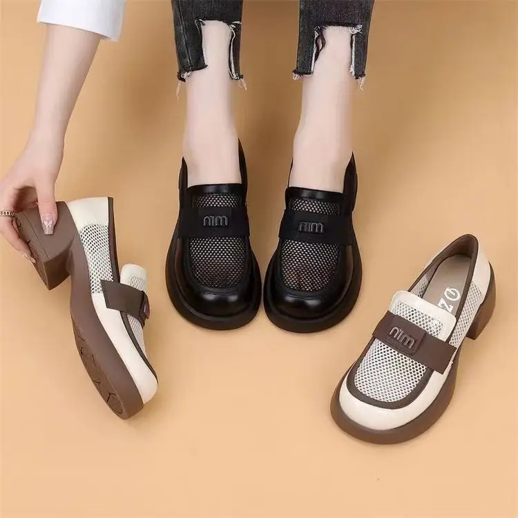British Style Hollow Loafers Women Black Square Heel Slip-on