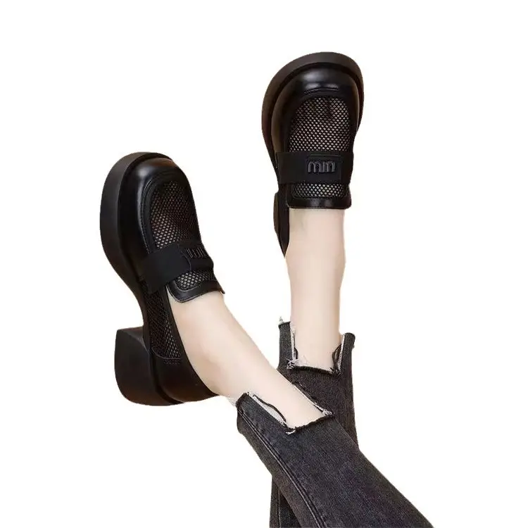 British Style Hollow Loafers Women Black Square Heel Slip-on