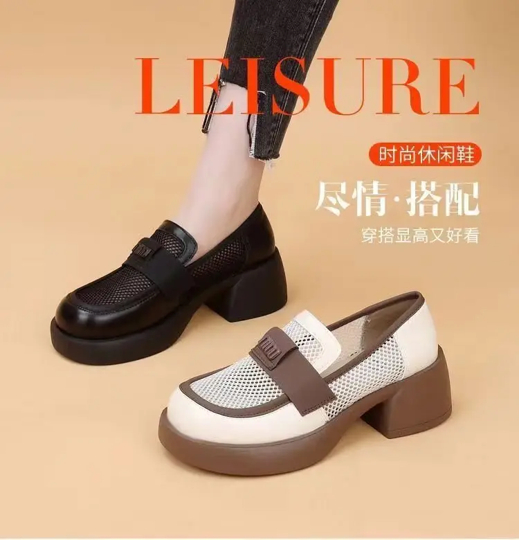 British Style Hollow Loafers Women Black Square Heel Slip-on — feature 1