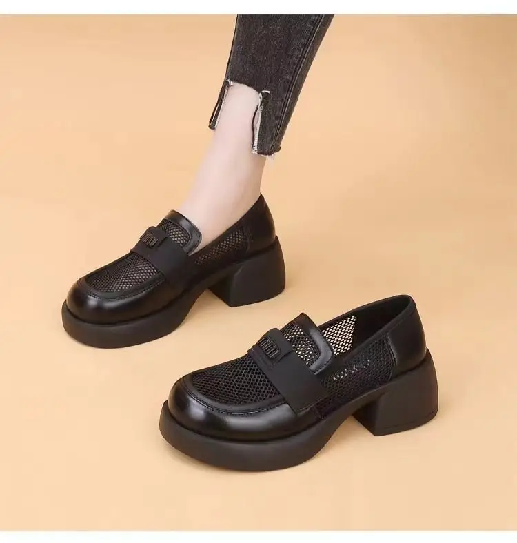 British Style Hollow Loafers Women Black Square Heel Slip-on — feature 10