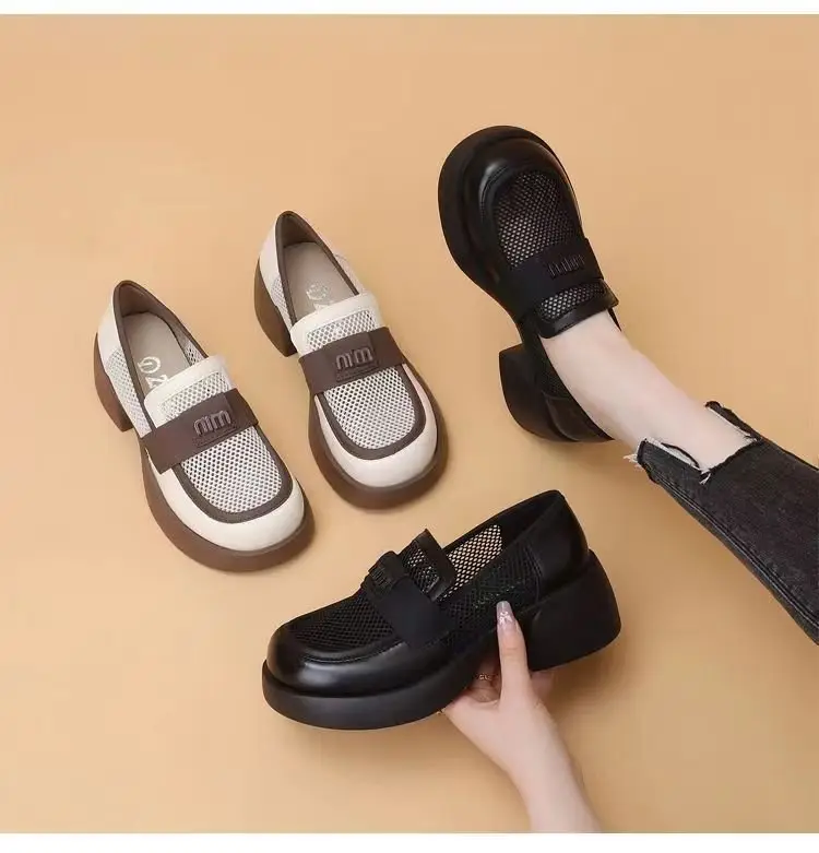 British Style Hollow Loafers Women Black Square Heel Slip-on — feature 4