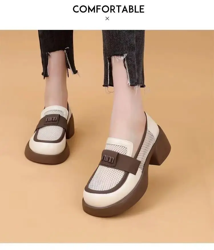 British Style Hollow Loafers Women Black Square Heel Slip-on — feature 6