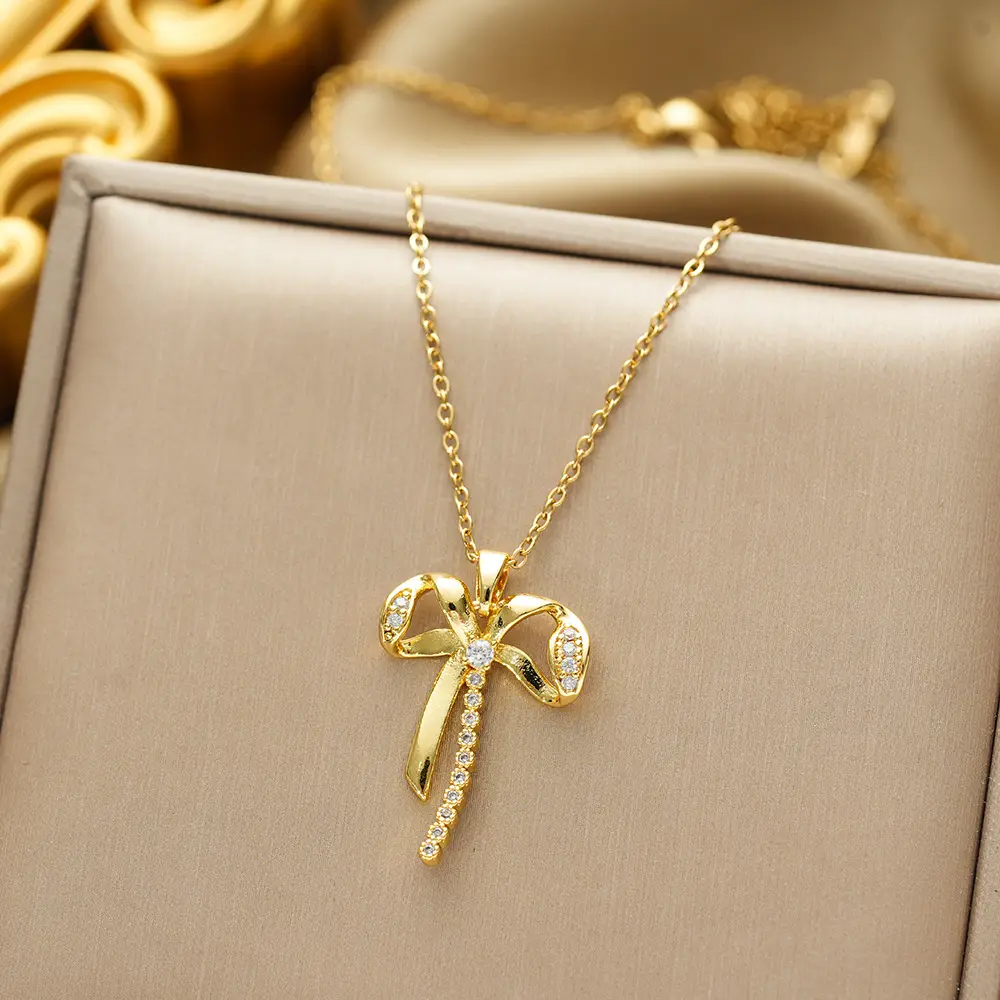 Gold Plated Bow Pearl Necklace for Women - Image 129