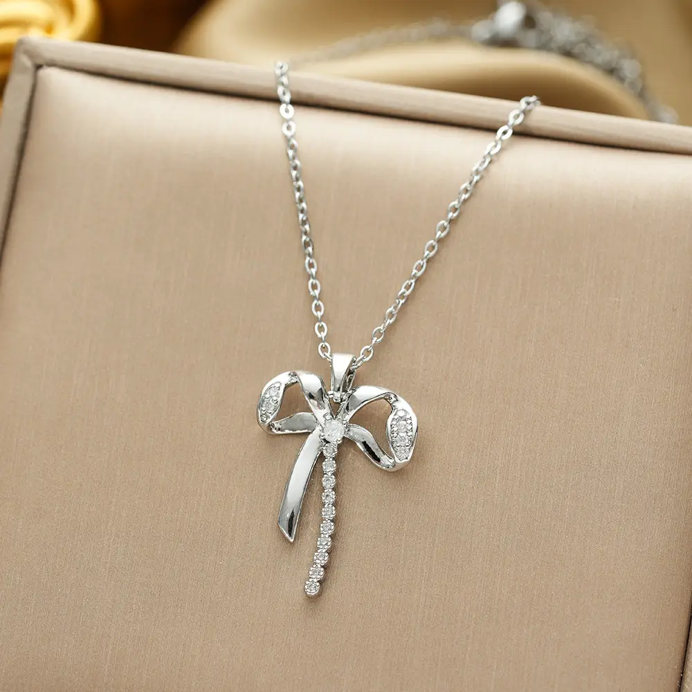 Gold Plated Bow Pearl Necklace for Women - Image 130