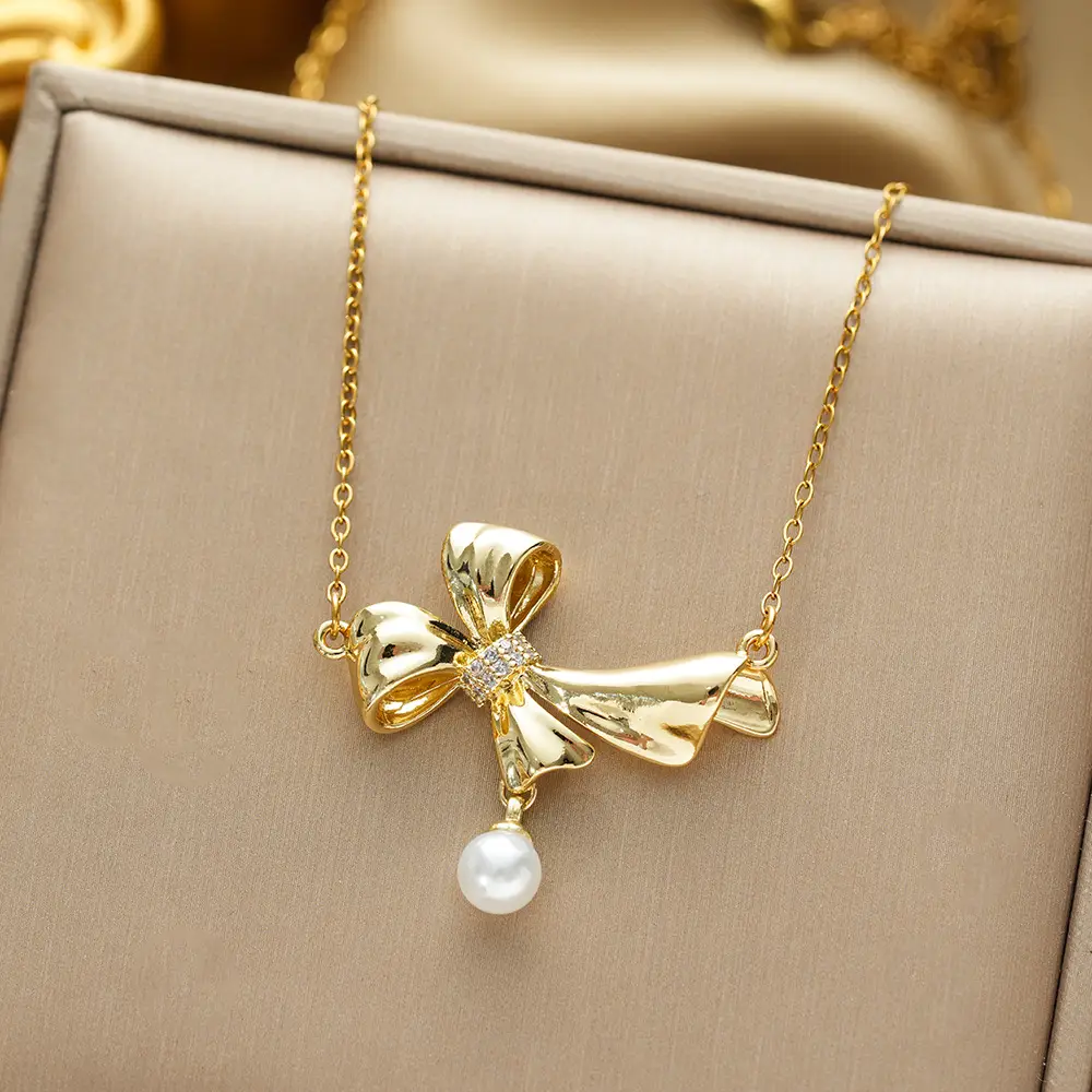 Gold Plated Bow Pearl Necklace for Women - Image 132