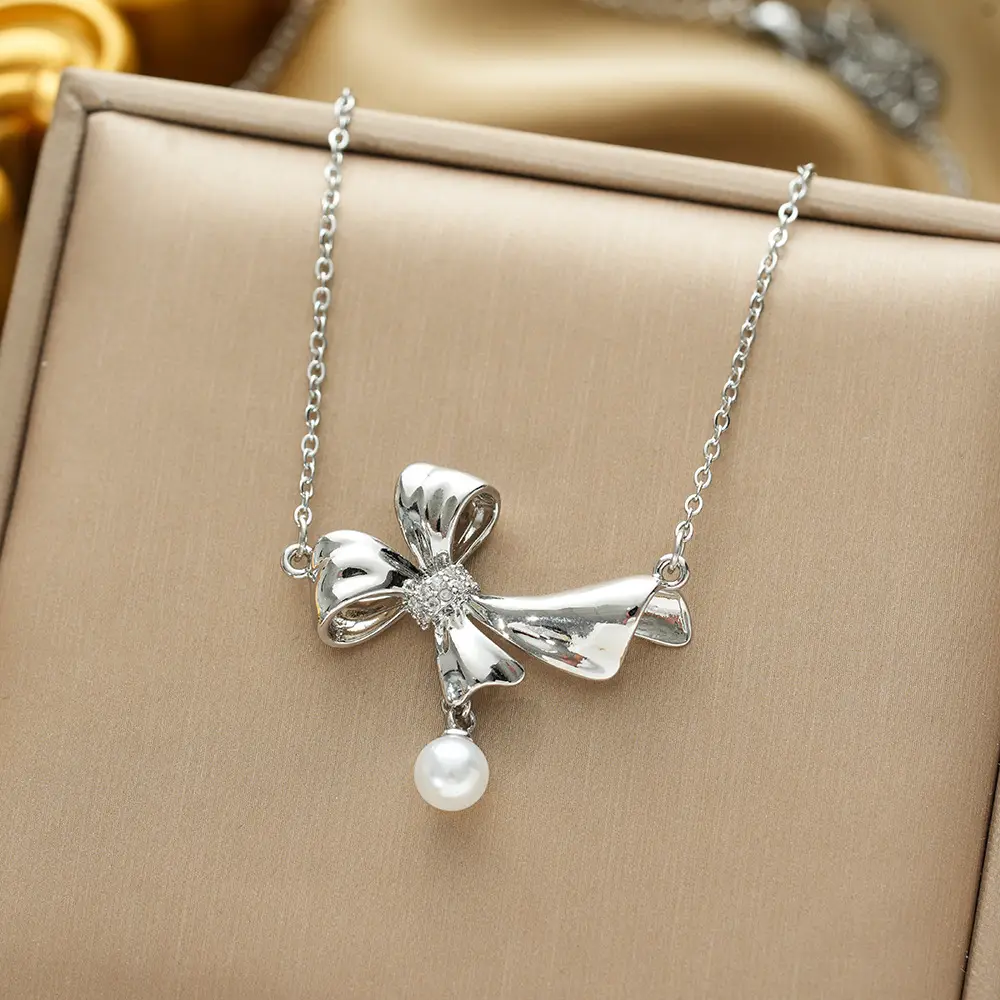 Gold Plated Bow Pearl Necklace for Women - Image 133
