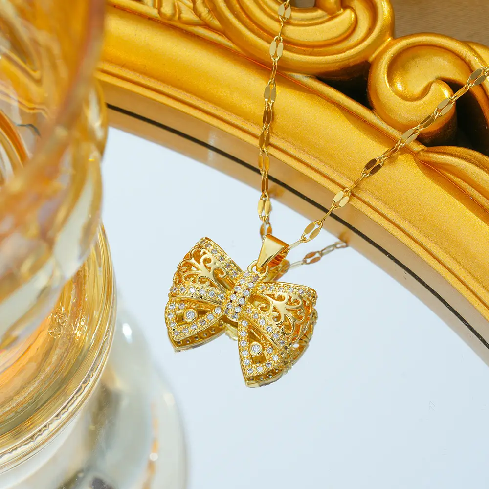 Gold Plated Bow Pearl Necklace for Women - Image 3