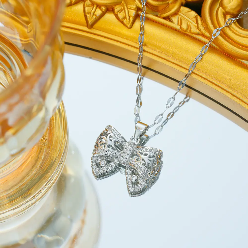 Gold Plated Bow Pearl Necklace for Women - Image 4