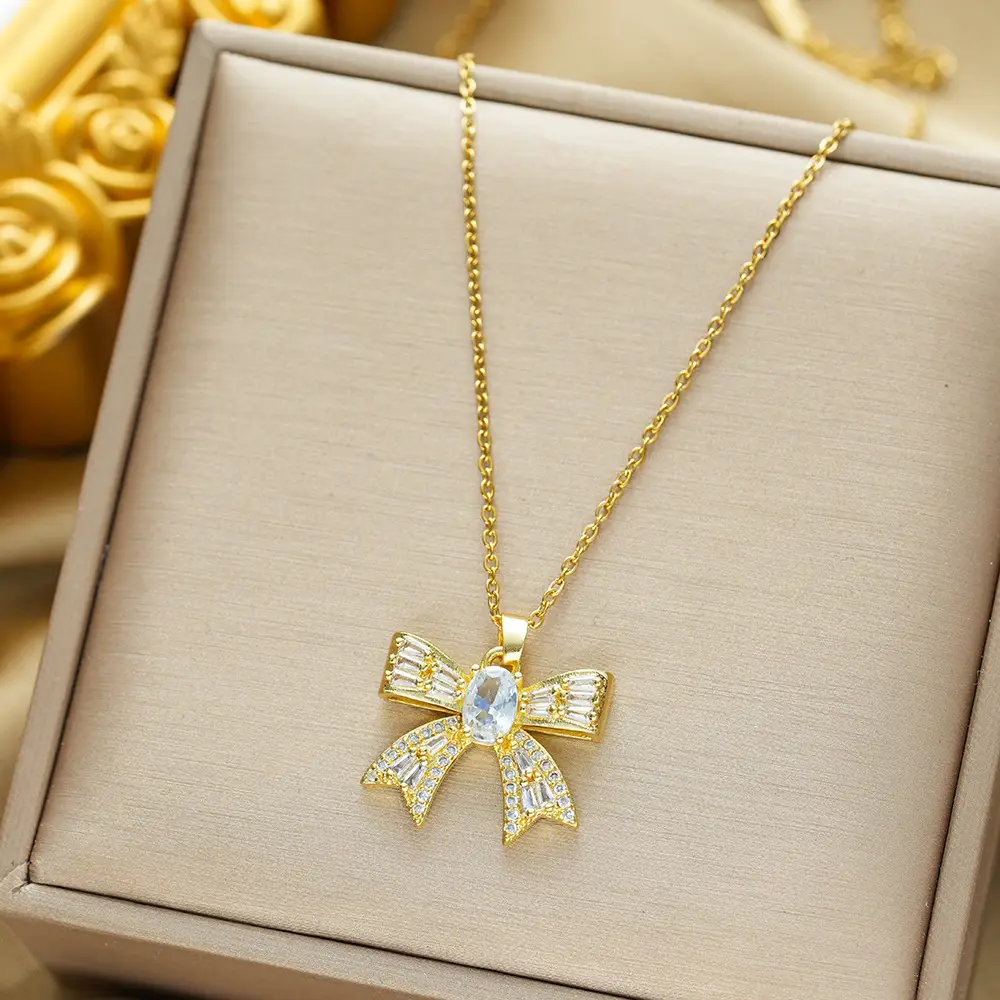Gold Plated Bow Pearl Necklace for Women - Image 94