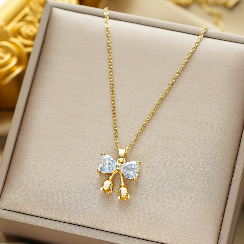 Gold Plated Bow Pearl Necklace for Women - Image 96