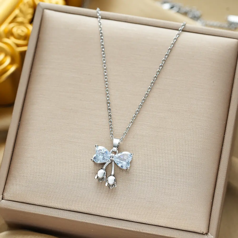 Gold Plated Bow Pearl Necklace for Women - Image 97