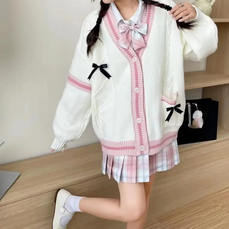 Women's Three-Dimensional Bow Sweater Coat Cream Pink