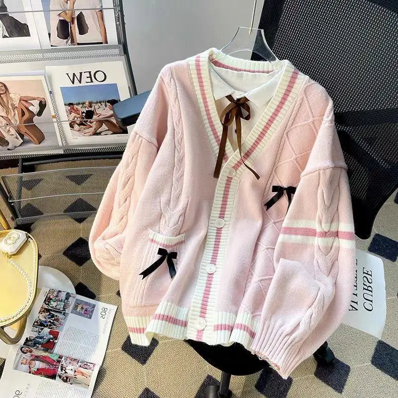 Women's Three-Dimensional Bow Sweater Coat Cream Pink