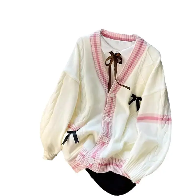 Women's Three-Dimensional Bow Sweater Coat Cream Pink