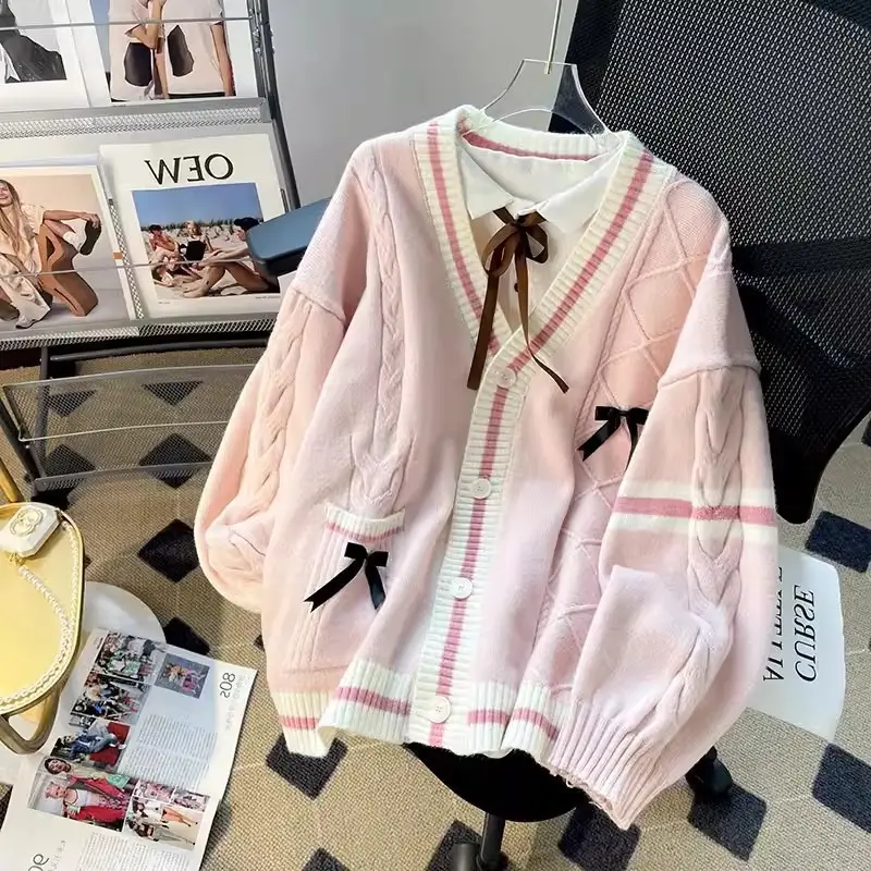 Women's Three-Dimensional Bow Sweater Coat Cream Pink