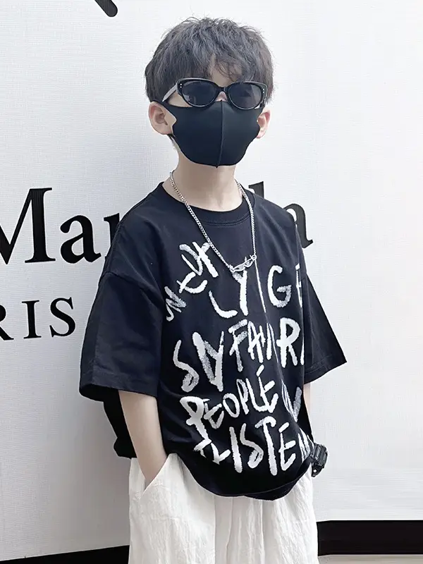 Boys T-Shirt Black Graphic 2025 Summer Wear