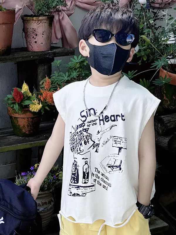 Boys Korean T-Shirt 2025 Summer Ripped Vest Yellow