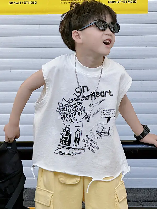 Boys Korean T-Shirt 2025 Summer Ripped Vest Yellow