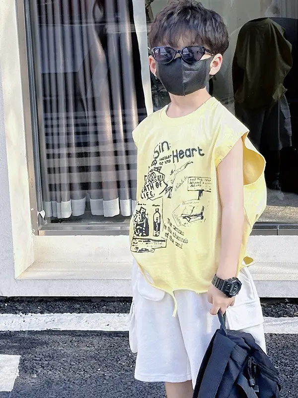 Boys Korean T-Shirt 2025 Summer Ripped Vest Yellow