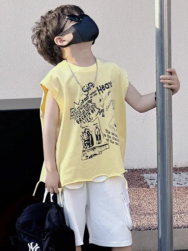 Boys Korean T-Shirt 2025 Summer Ripped Vest Yellow