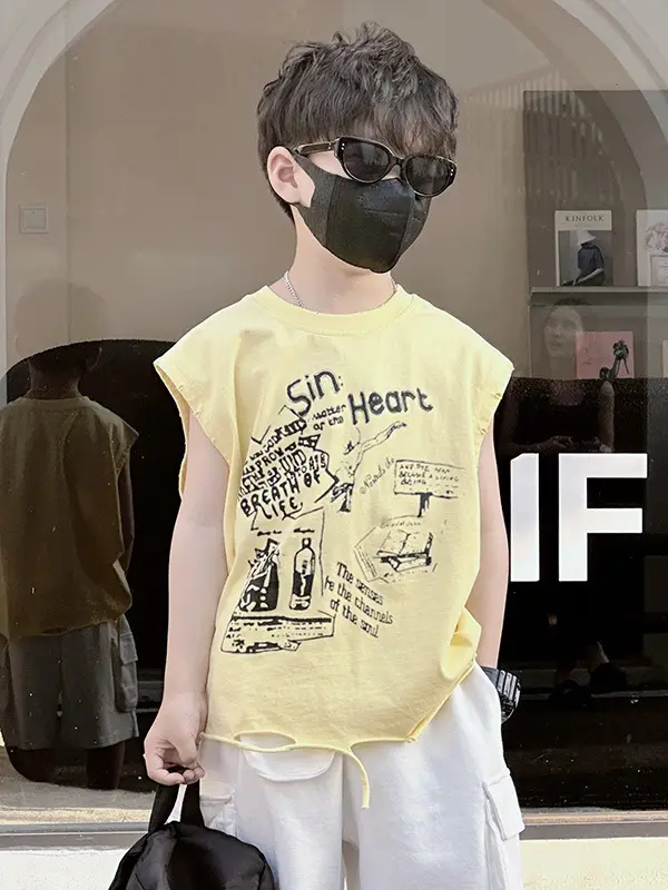 Boys Korean T-Shirt 2025 Summer Ripped Vest Yellow