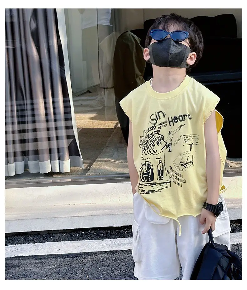 Boys Korean T-Shirt 2025 Summer Ripped Vest Yellow — feature 11