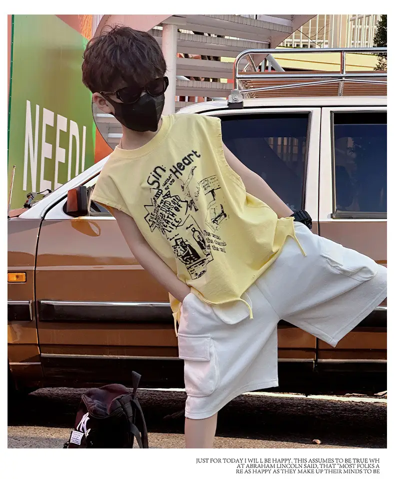 Boys Korean T-Shirt 2025 Summer Ripped Vest Yellow — feature 12