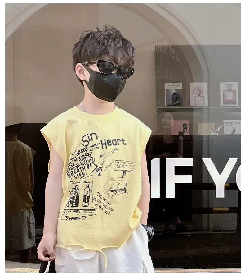 Boys Korean T-Shirt 2025 Summer Ripped Vest Yellow — feature 13