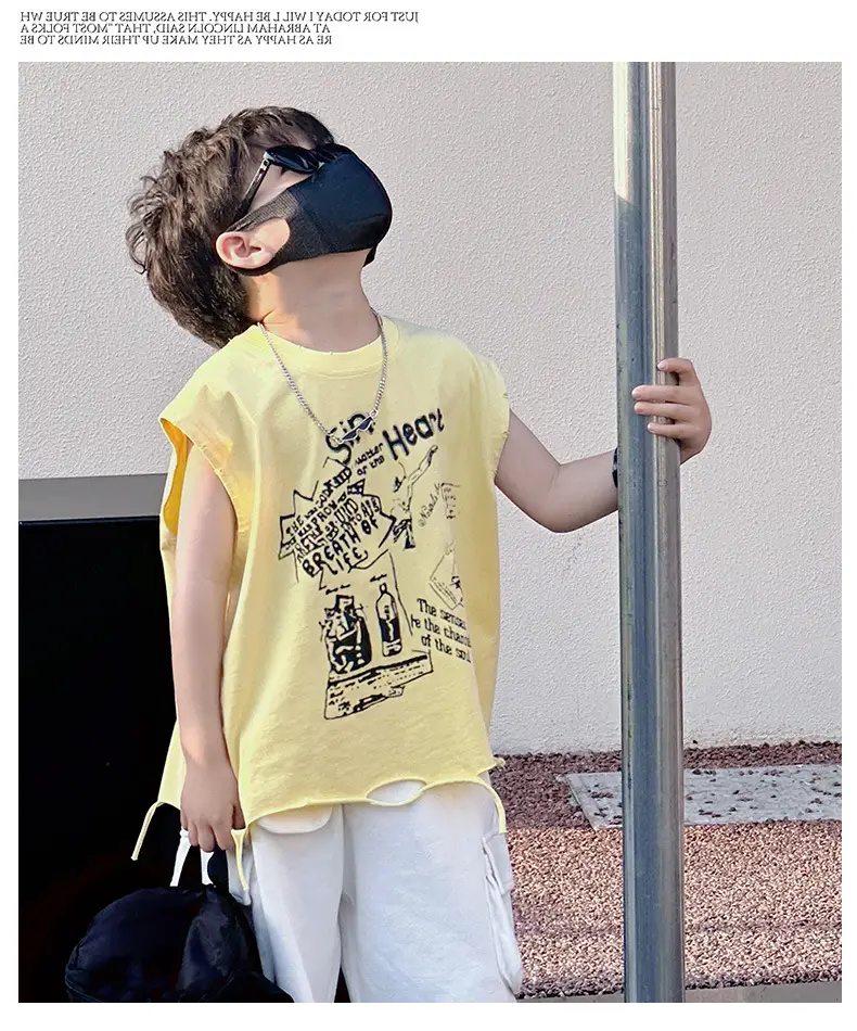 Boys Korean T-Shirt 2025 Summer Ripped Vest Yellow — feature 14