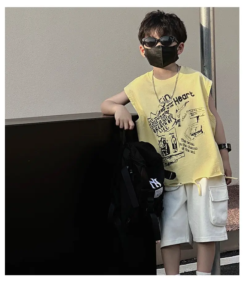 Boys Korean T-Shirt 2025 Summer Ripped Vest Yellow — feature 15