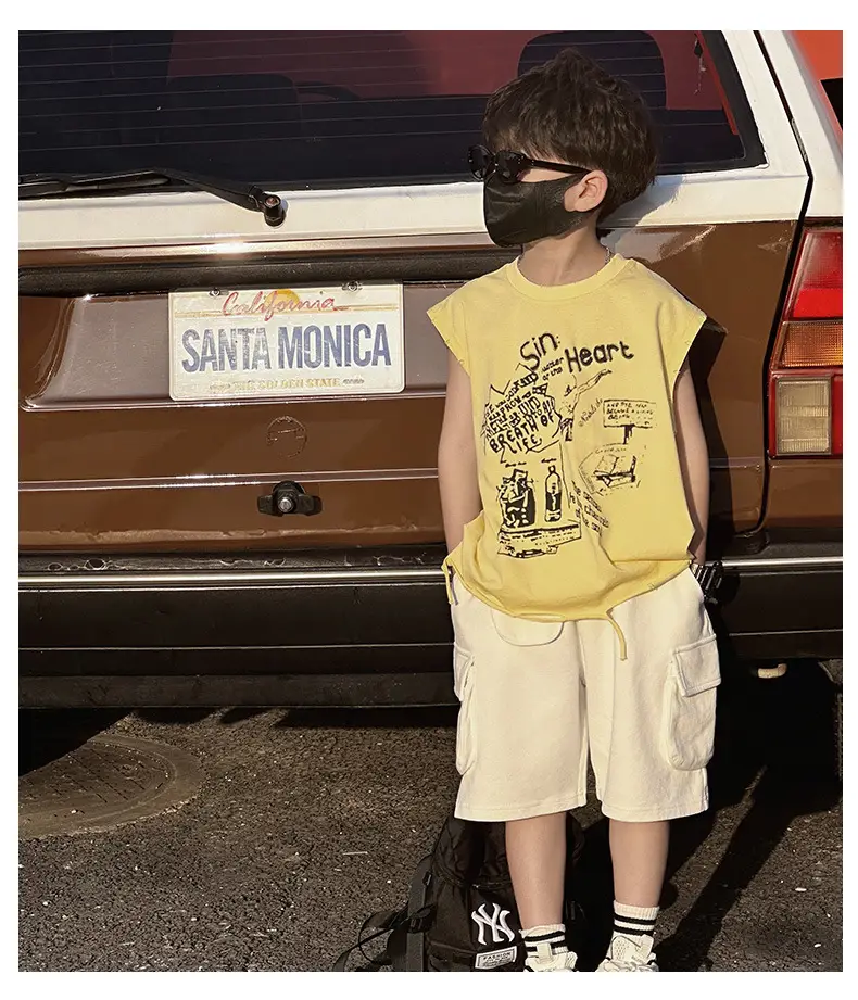 Boys Korean T-Shirt 2025 Summer Ripped Vest Yellow — feature 16