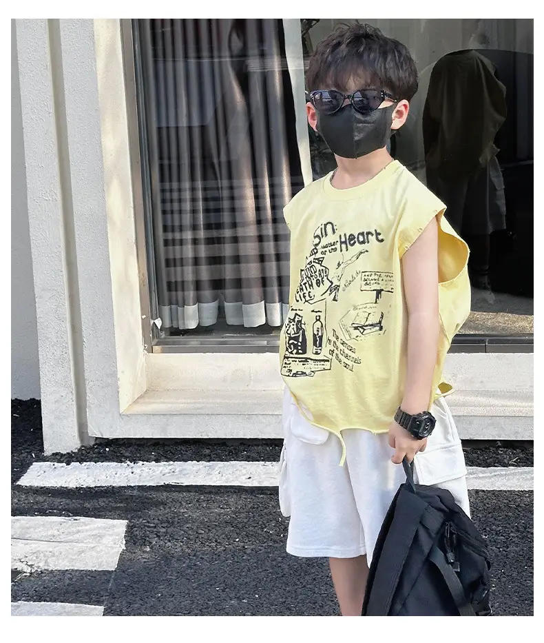 Boys Korean T-Shirt 2025 Summer Ripped Vest Yellow — feature 17
