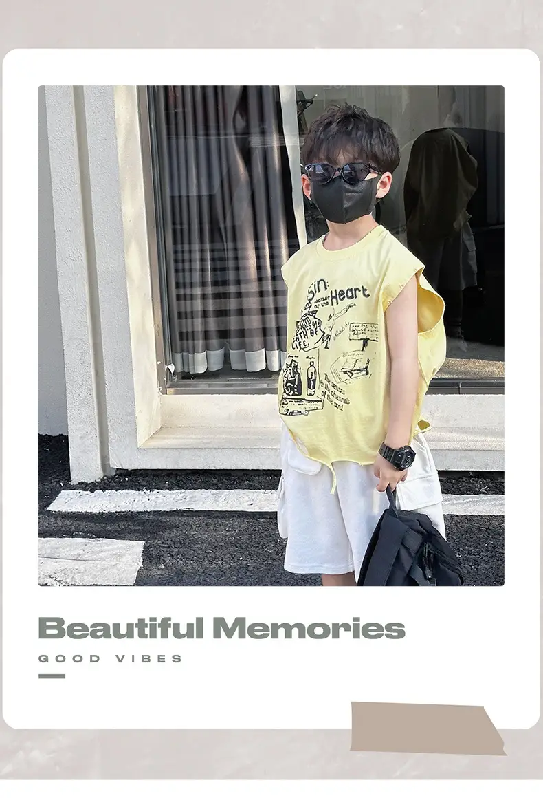 Boys Korean T-Shirt 2025 Summer Ripped Vest Yellow — feature 2
