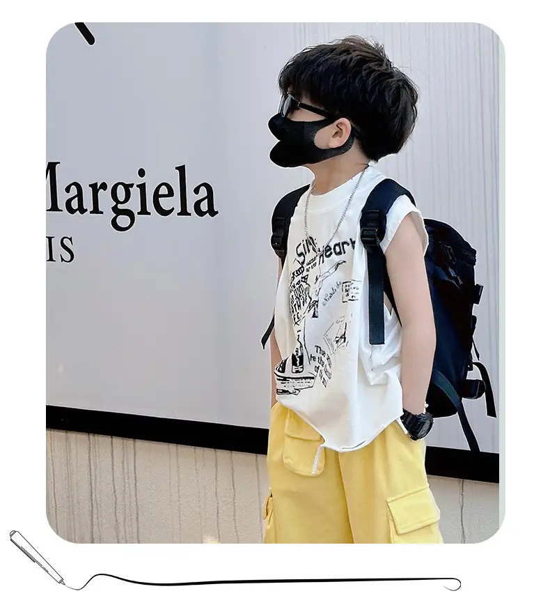 Boys Korean T-Shirt 2025 Summer Ripped Vest Yellow — feature 9