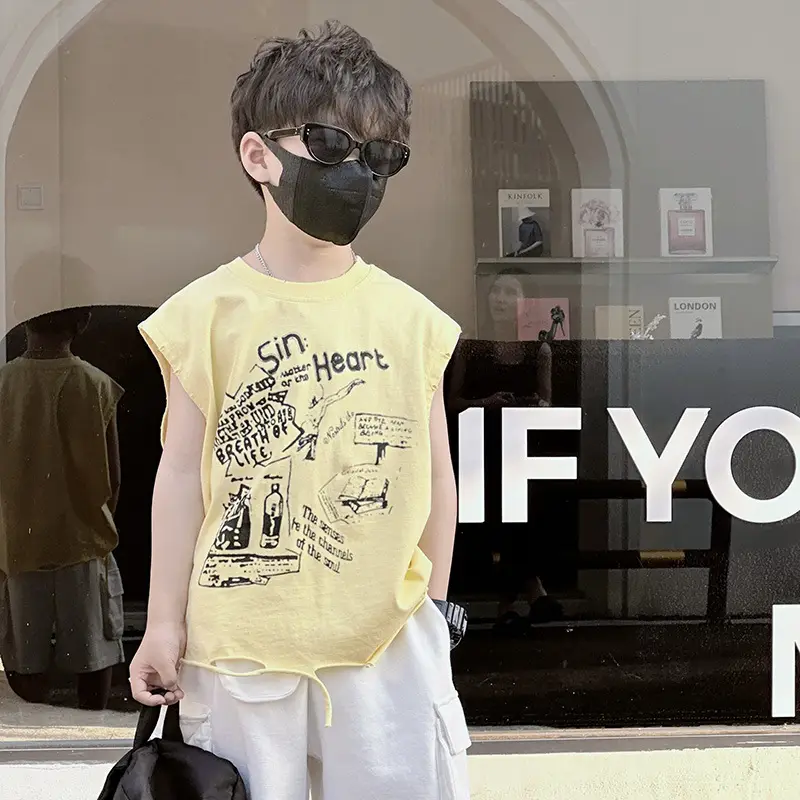Boys Korean T-Shirt 2025 Summer Ripped Vest Yellow