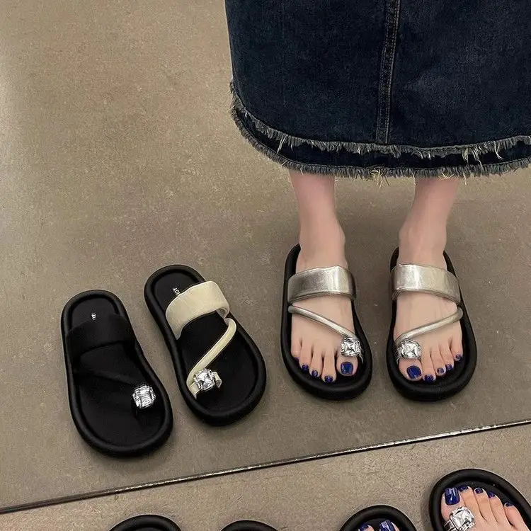 French Style Women's Black Open Toe Sandals with Clip Toe